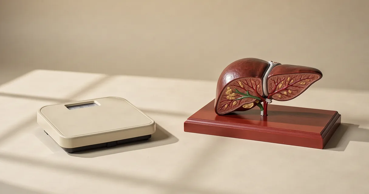 An ivory bathroom scale beside a cutaway liver model on a vermilion block.