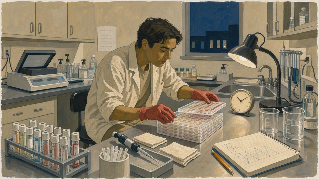 A technician beside a clock and assay plates in a laboratory at night.
